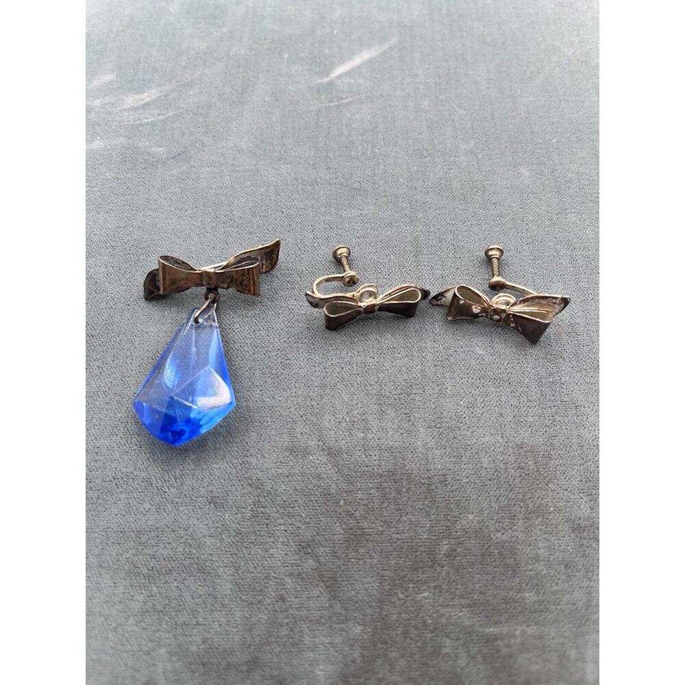 Vintage Sterling Silver Earrings & Pin Brooch Set Ocean Blue Stone Inlay